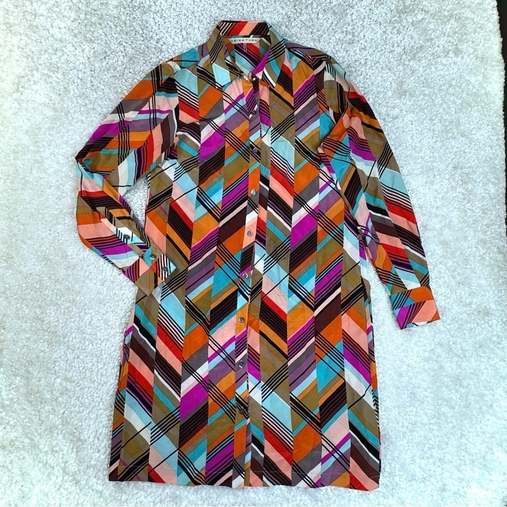 Trina Turk Retro Print Silk Dress Colorful Bold Geometric Artsy Sz 2